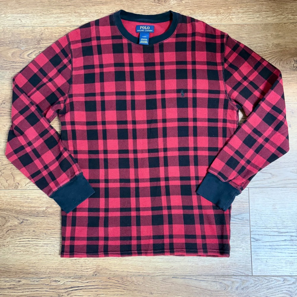 Polo Ralph Lauren Mens L Red Black Plaid Thermal Waffle Knit Shirt cabincore